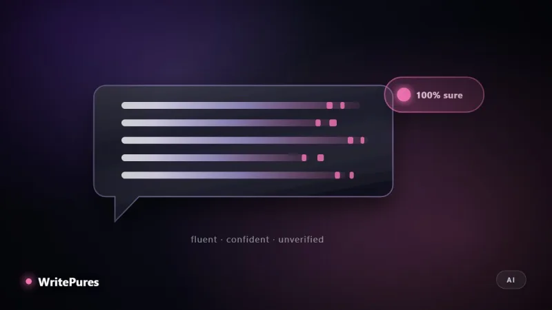 Chat response dissolving into fragments beside a confidence badge reading one hundred percent sure