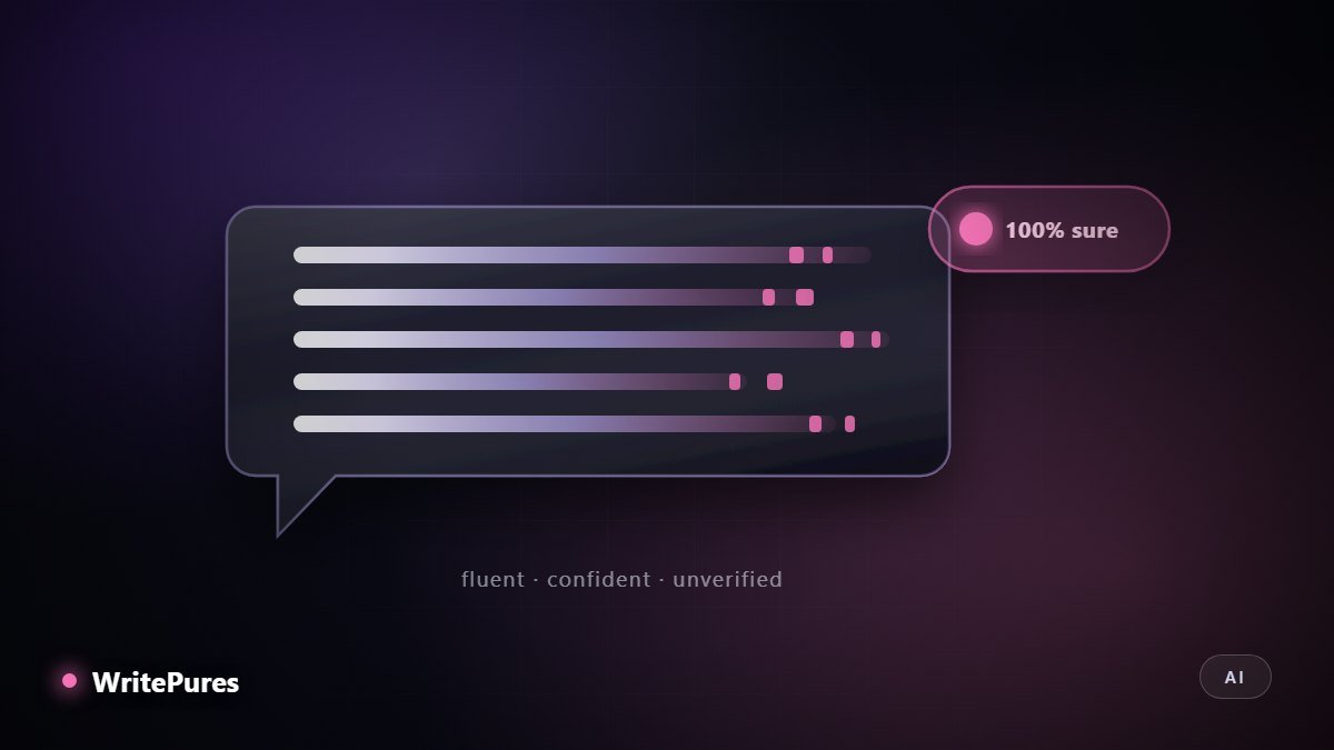 Chat response dissolving into fragments beside a confidence badge reading one hundred percent sure