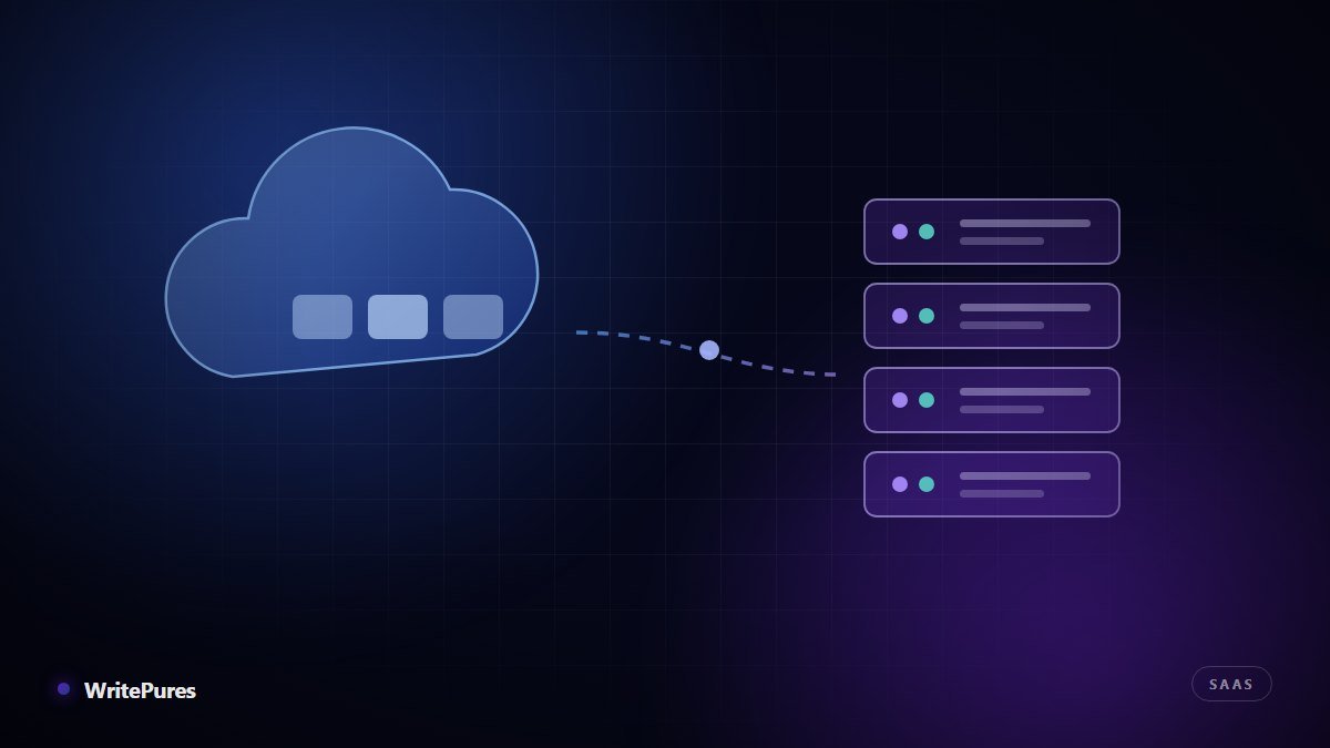 Cloud form connected by a data bridge to an on-premise server rack, representing cloud ERP versus on-premise ERP