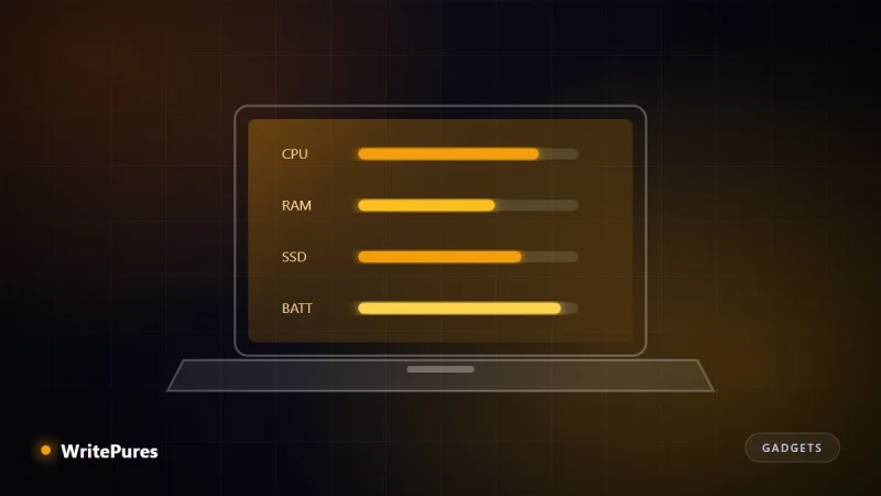 Laptop illustration with CPU, RAM, storage and battery specification bars