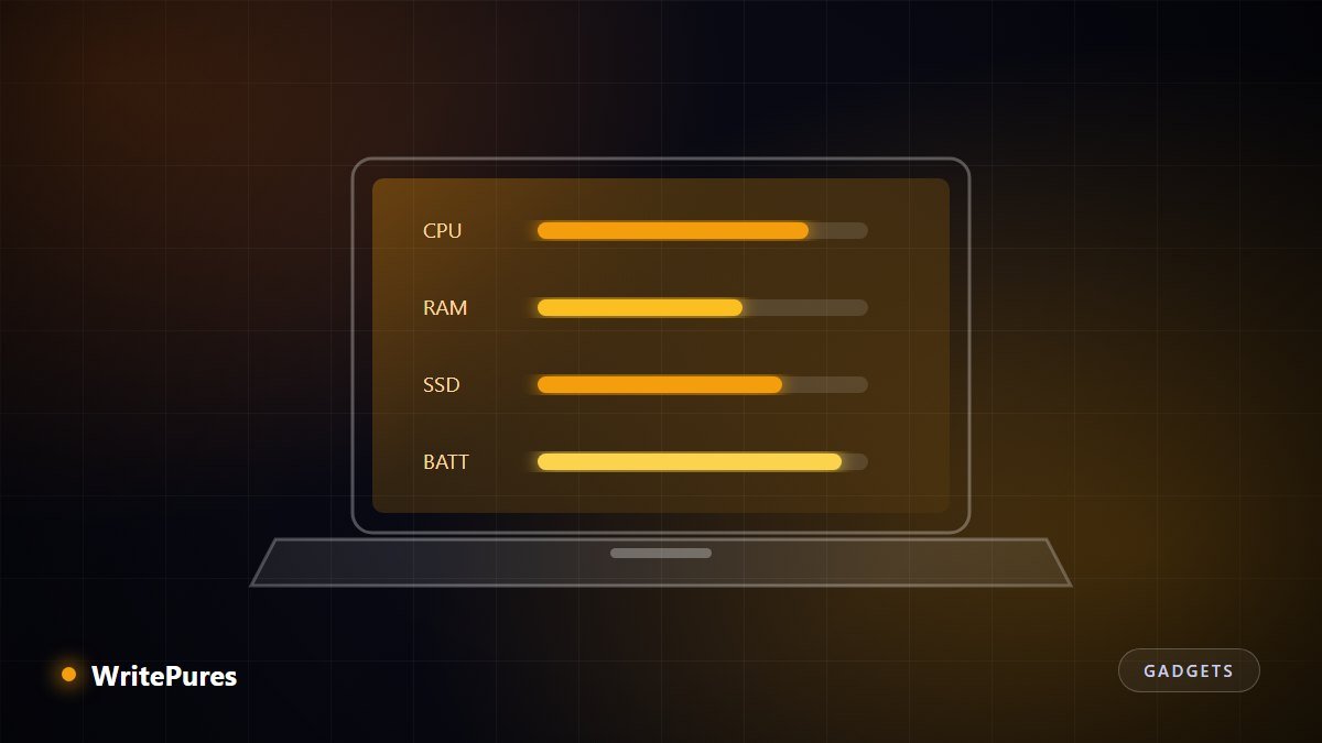 Laptop illustration with CPU, RAM, storage and battery specification bars