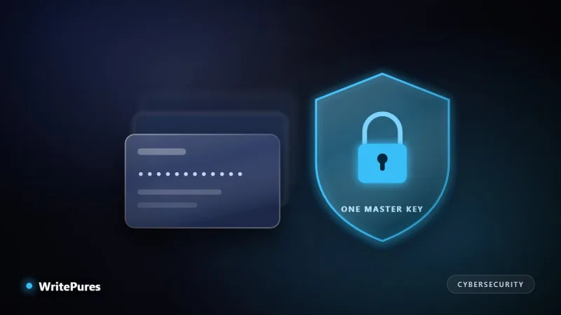 Stacked credential cards behind a shield with a single master key