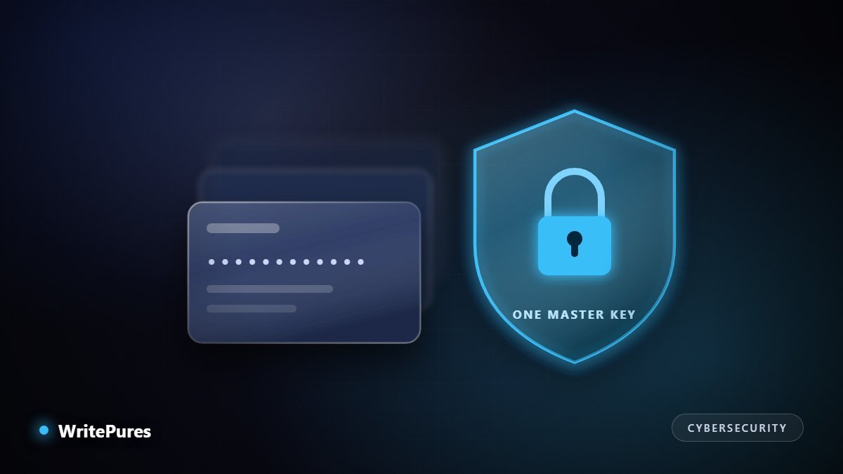 Stacked credential cards behind a shield with a single master key