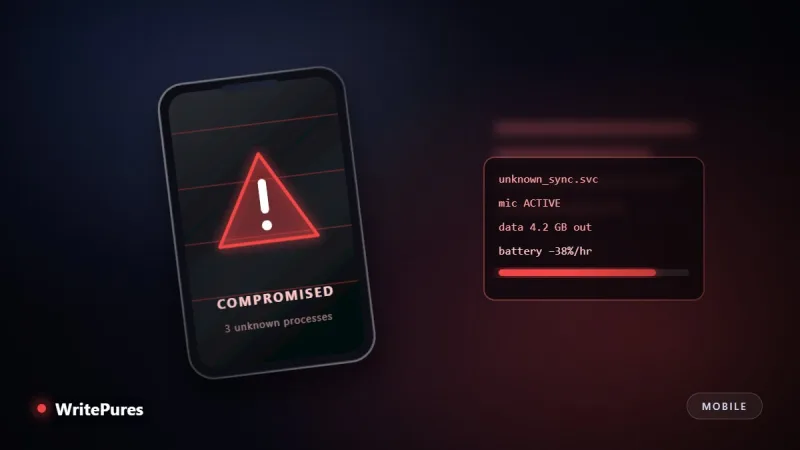 Smartphone showing a compromise warning beside a list of unknown background processes