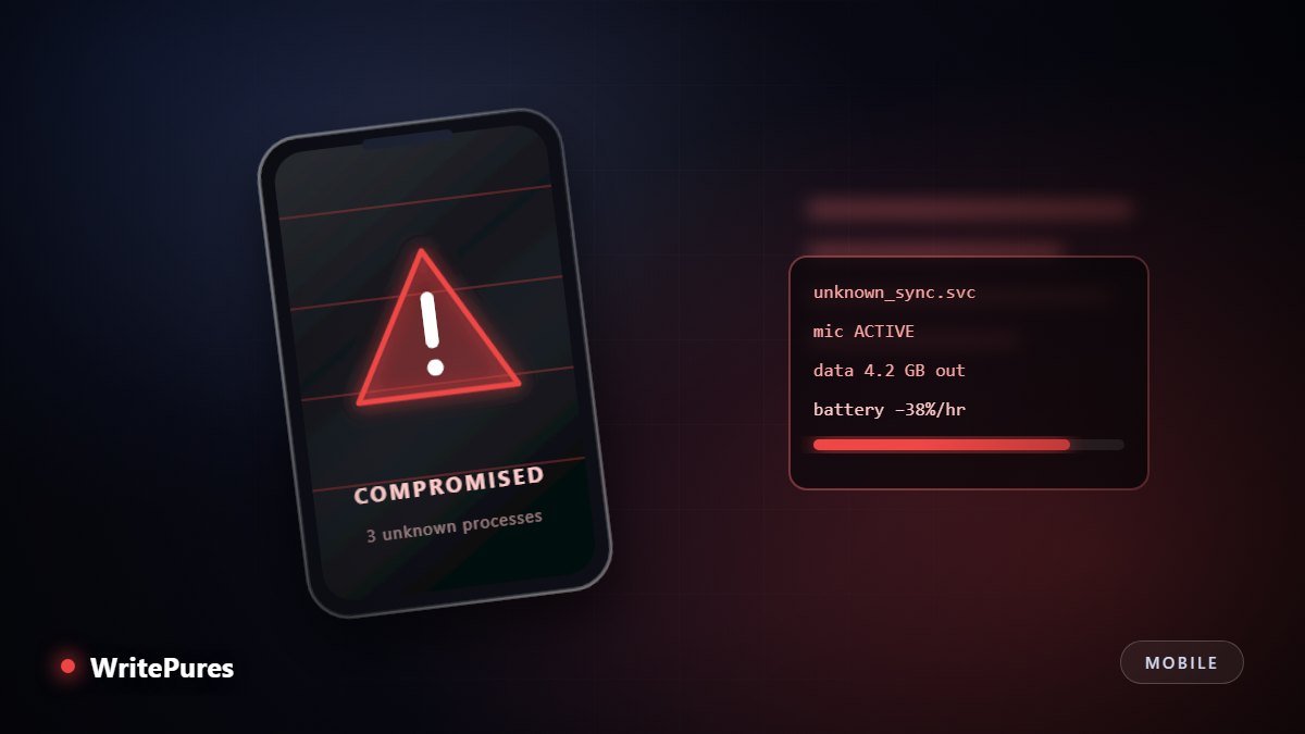 Smartphone showing a compromise warning beside a list of unknown background processes