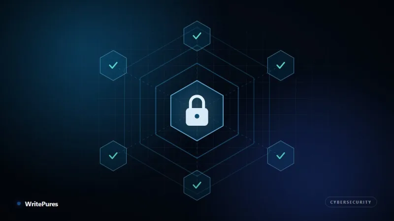 Hexagonal security lattice with a central lock and verification checkpoints, representing zero trust architecture